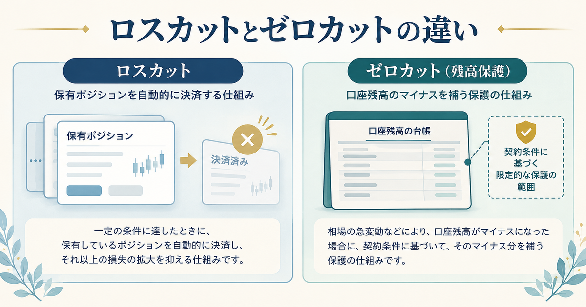 ロスカットは保有ポジションを強制決済し、マイナス残高保護は契約条件に基づいて負担を扱う役割の違いを示した図解