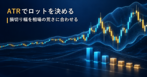 値動きの幅が広がるチャートと、相場の変動に応じて小さくなるロットを表すアイキャッチ。
