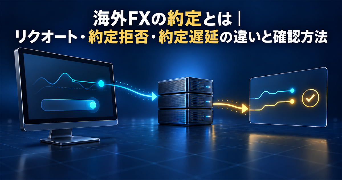 海外FXの約定とは|リクオート・約定拒否・約定遅延の違いと確認方法。注文端末からサーバーを経由して結果表示に至る流れを示す図。